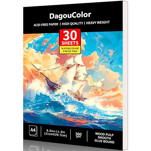 DagouColor A4 30 Blätter Aquarell Papier Pad für säurefreie Kunst Zeichnungspapier für Künstler, Holz Zellstoff glatter Kleber gebunden, 300gsm, 21CM X 29.7CM (BOAT)