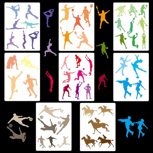 GORGECRAFT 8 Stile Sport-Thema-Schablone 21x15cm Sportler-Vorlage Basketball Fußball Volleyball Tennis Leichtathletik Pferdesport Yoga Eiskunstläufer Wiederverwendbare Malschablone Wand DIY-Dekor