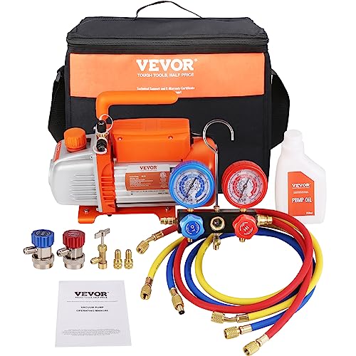 VEVOR Vakuumpumpe 100L/min Unterdruckpumpe 1-stufig 220V/50HZ 1440U/min 800-4000PSI (55-276bar) 250ml-Ölkapazität Vakuumgeräte Verteiler-Manometer-Set für Klimaanlage Kfz-Kühlsystemen