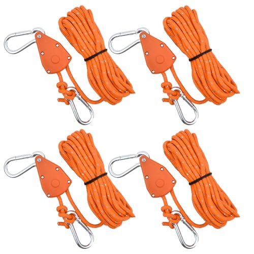 4 Stück Abspannseile Camping 6mm, Abspannleine Reflektierend 5M, Zelt Seil Ratsche, Zeltschnur mit Spanner Einstellbare, Ratchet Hanger für Zelt Sonnensegel Wandern Pflanzenlampe (Orange, 5M)