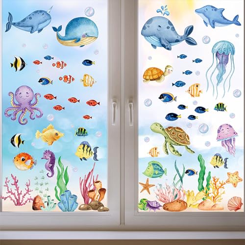 Qtuie 9 Blatt Fensterbilder Selbstklebend Meerestiere Wandtattoo Unterwasserwelt Badezimmer Aufkleber Fenstersticker Wiederverwendbare Fensteraufkleber für Kinderzimmer Badezimmer Deko