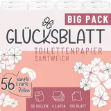 Glücksblatt Toilettenpapier SAMTWEICH, 4-lagig, 56 Rollen x 130 Blatt, 100% Zellstoff, superweiches Klopapier mit Glücks-Prägung, WC Papier, ideal für Camping, Verpackung aus mindestens 30% PCR-Anteil