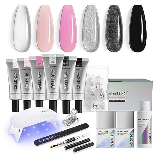 Aokitec 6 Farben Poly Extension Nagelgel Starter Set UV Nagellack mit Base Top Coat Slip Lösung LED Lampe Nagelverlängerung Kit Glitzer Acryl Builder Nageldesign Gelnägel Basislack/Decklack/UV Lampe