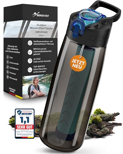 BERGKVIST® Outdoor Wasserfilter Flasche OBSIDIAN (650ml) mit Kompass - Trinkflasche mit Filter für sauberes Trinkwasser - Wasseraufbereitung für die Camping-, Prepper- & Survival-Ausrüstung (Schwarz)