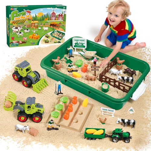 FRUSE Bauernhof Kinetischer Toy Sand,Spielsand Sandspielzeug mit 1 KG Magic Toy Sand,Bauernhof Spielzeug und Traktor Spielzeug,Sandkasten mit Deckel,Sensorisch Sandspielzeug für Kind ab 3 4 5 6 7 8 9