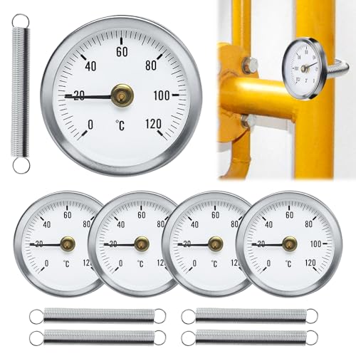 Anlegethermometer Heizungsrohr, 5 Stück Bimetall Anlegethermometer Thermometer, Industrielles Rohrthermometer, Temperaturanzeige Mit Clip-On Feder, Zeigerthermometer 0-120 °C 63 mm Rohr Thermometer