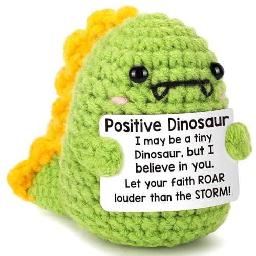Lustige Positive Dinosaurier mit Inspirierender Karte Positive Geschenke Pocket Hug Dino Emotional Support Strickpuppe aus Wolle Handgefertigt Gehäkelt Geschenke für Frauen Geburtstag Weihnachten