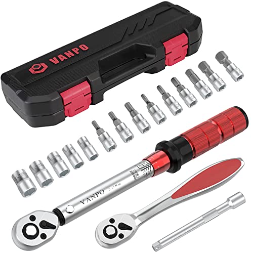 VANPO Drehmomentschlüssel 1/4 Zoll, 5-25 Nm, Fahrrad & Motorrad 17 tlg. Set, ± 3% Fehlergenauigkeit mit Ratschenschlüssel, Verlängerung, Innensechskant, Hex und Torx Bits