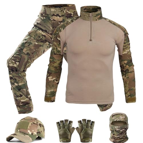 SANYETS Taktischer Anzug, Kampfhose und Hemd, Mütze, Handschuhe, Sturmhaube, Set, schwarze Camouflage-Uniform, Militär-Airsoftausrüstung
