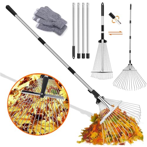 Verbreiterter Laubrechen 22-44cm,Gartenrechen mit 2.15M Verstellbare Metallstange und Handschuhe,Laubbesen,Fächerbesen Metall,Laubfächer,Rasenrechen für Reinigen von Pflanzen, Rasen und Hof