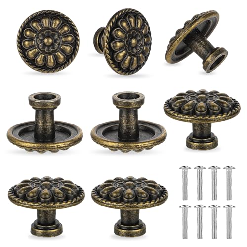 JJUNW Möbelknöpfe Bronze, 8 Stück Möbelgriffe Vintage mit Schrauben, 30mm Schrankknöpfe Bronze Farbe Runde Blumen Muster Schubladengriffe für Schublade Schrank Möbel Küchenschränke Kleiderschrank