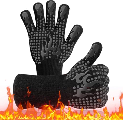 Grillhandschuhe Hitzebeständig, Grill Handschuhe BBQ Handschuhe mit 800 Grad Extrem Hitzebeständige, Silikon Ofenhandschuhe zum Backen, Grillen, Kochen, BBQ