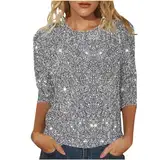 Silvester Outfit Damen Pailletten Oberteil Weiß Elegant Sexy Festliche Blusen Modern Casual mit Glitzer Glitzer Shirt Glitzer Oberteile Winter Große Größen Langarm Tunika Festliche Blusenshirt