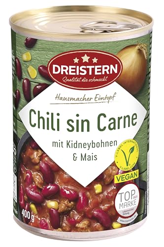 DREISTERN Chili sin Carne 400g | Veganer Eintopf in der recyclebaren Konservendose | Vegetarisch mit viel Einlage mit Soja, Bohnen & Mais