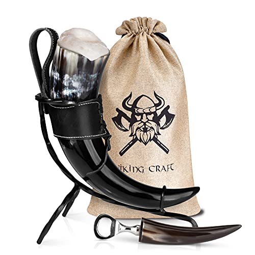 VIKING CRAFT® Trinkhorn Wikinger ca. 450ml - Extra Großes 5-teiliges Horn Set für Wikinger Met Honigwein mit Ständer – Methorn Wikinger Deko, LARP Mittelalter Bierkrug, Honigmet