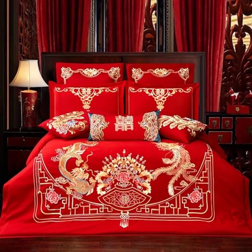 Chinesisches traditionelles rotes Bettlaken, asiatisches Bettwäsche-Set, Hochzeit, Bettbezug-Sets, Drachen- und Phönix-Stickerei, ästhetische Bettwäsche, 4-teilig(Farbe:A,Größe:Queen)