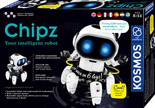 KOSMOS 617127 Chipz - Dein intelligenter Roboter, mit mehrsprachiger Anleitung, für Kinder ab 8-14 Jahre, folgt Bewegungen, weicht Hindernissen aus, Licht- und Soundeffekte, Roboter-Spielzeug