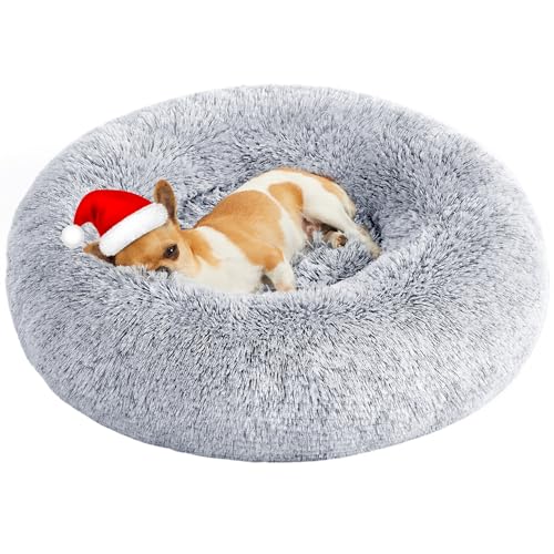 Feandrea Hundebett flauschig, Katzenbett, Donut Kissen, waschbar, Polsterung in der Mitte herausnehmbar, Langer Plüsch, 60 cm Durchmesser, Ombré-Grau PGW038G01