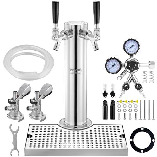 VEVOR Kegerator-Turm-Kit, Bier-Umrüstsatz mit zwei Zapfhähnen, Bier-Turmspender aus Edelstahl mit Doppelmessgerät W21.8-Regler und A-System-Fasskupplung, Bier-Tropfschale für Partys zu Hause