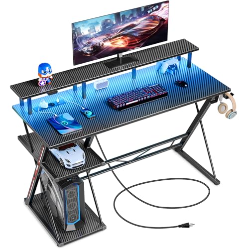 SEVEN WARRIOR Gaming Tisch mit LED & Steckdosen, 100 cm Computertisch mit Monitorständer & CPU Ständer, Schreibtisch mit 2 Haken & Fußstütze, perfekt für Schlafzimmer Büro,100 x 47 x 87 cm