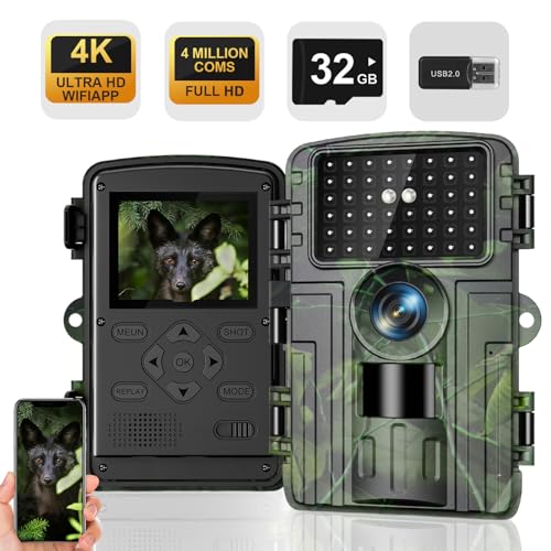 Wildkamera, 4K Video Wildtierkamera, 60MP Full HD WLAN mit Handyübertragung APP, Bewegungssensor, Nachtsicht, 0,1s Auslösezeit, Infrarot Wildkamera mit 32G Speicherkarte & Kartenleser IP66 Wasserdicht