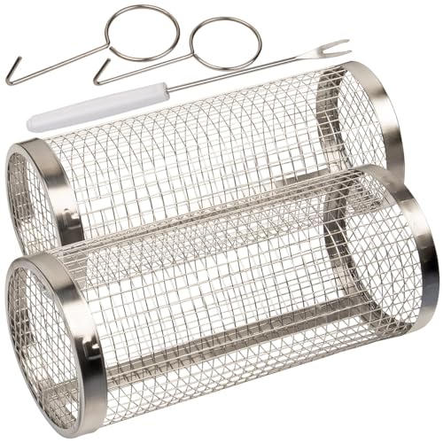 Rosenstein & Söhne Grillzubehör: 2er-Set Grillkörbe aus Edelstahl, stapelbar, inkl. Haken und Spieße (Grillkorb Zylinder, Zylinder-Drahtgeflecht-Grillkorb, Grillspiesse)