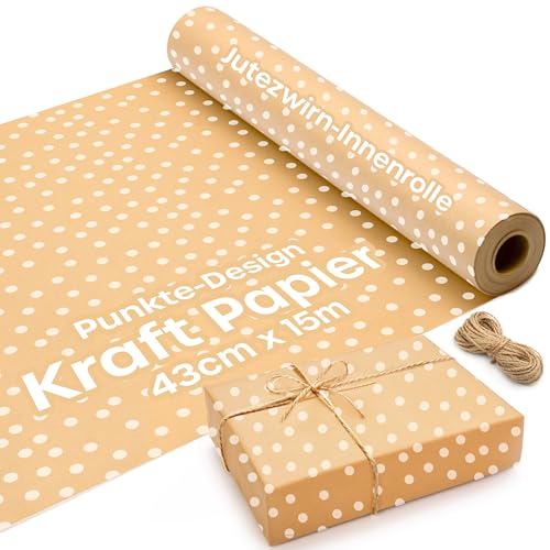 Kraftpapier Rolle mit Polkadots-Design - 15 m x 43 cm Geschenkpapier Rolle mit 2 Jute Schnüre - Braunes Packpapier, Ideal als Geschenkpapier Rolle & Weihnachtspapier Geschenkpapier