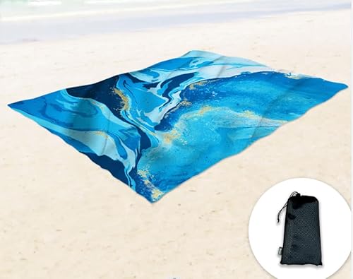 Sunlit Mandala Design Silky Soft Sand Free Beach Blanket Sandproof Mat with Corner Pockets and Mesh Pocket 215 x 183 cm for Beach Parties, Travel, Camping and Outdoor Music Festival, Blue Water Flow
