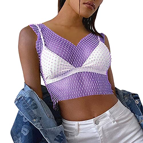 QWUVEDS Sexy Strass-Mesh-Tanktops für Frauen, durchsichtiges -Crop-Top Strickkleid Damen Sexy