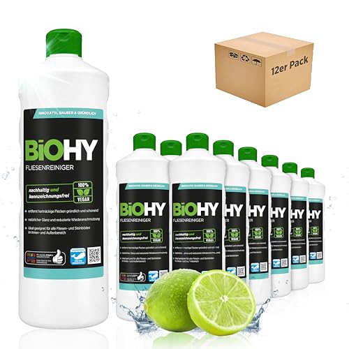 BiOHY Fliesenreiniger (12x1l Flasche) | speziell entwickelt für Stein- & Fliesenböden | hinterlässt eine schmutzabweisende Glanzschicht | entfernt jegliche Art von Schmutz mühelos