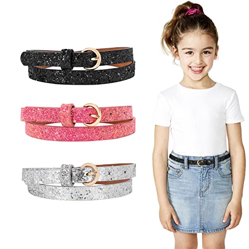 WERFORU 3 Stück Kinder Skinny Gürtel Glitter PU Ledergürtel für Mädchen Bunte Mädchen Gürtel mit Goldschnalle für Jeans Kleid