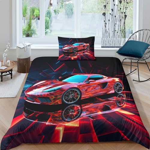 Rennauto 2 Pieces Bedding Set,Comforter for Kids Boys Girls Teens Theme Extremer Autosport Duvet Cover Bedspread Room Decor Full Luxury Quilt Cover Suitable for Allergy Sufferers Single（135x200cm）