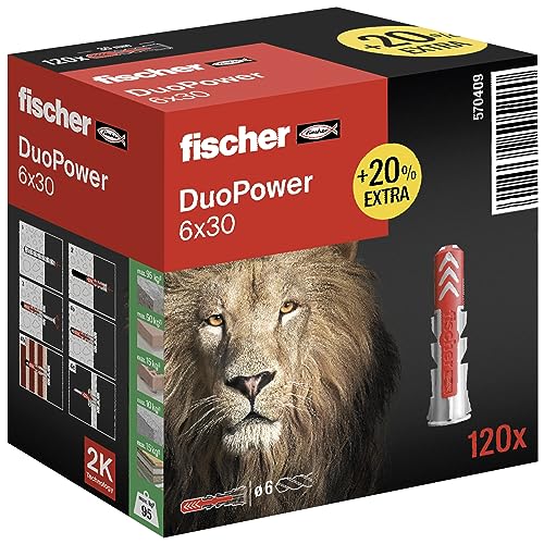 fischer DuoPower 6 x 30 in der attraktiven Löwen-Aktionsbox, Universaldübel, leistungsstarker 2-Komponenten-Dübel zur Befestigung in Beton, Ziegeln, Stein, uvm., mit 20% mehr Inhalt, 120 Stück