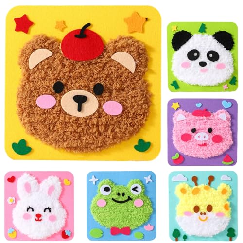 Punch Needle Anfänger Stickerei Set, 6 Stück Sticken für Anfänger, Cartoon Tier Sticksets, DIY Handwerk Stickerei Kit, Kreatives Handarbeits Nähset für Kinder