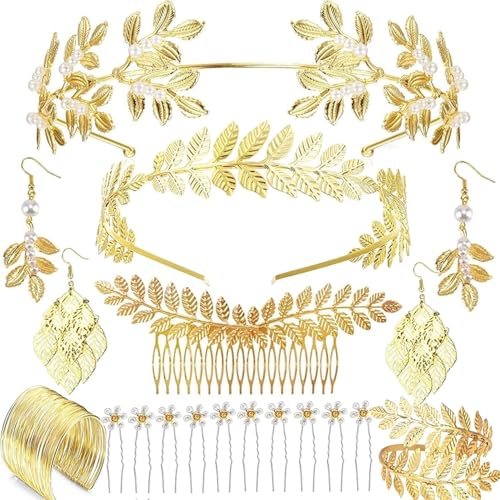 TJYAEKLTD Römische Göttin Haarreif, Damen Haarband Gold Kopfschmuck Braut, Griechische Göttin Kostüm Zubehör, Haarspange Halskette Ohrringe Oberarm Armbänder, Karneval Hochzeit Braut Kopfschmuck