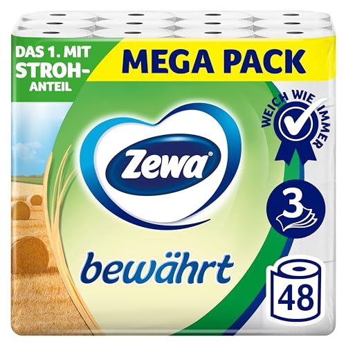 Zewa bewährt - 48 Rollen - Das erste Toilettenpapier mit Strohanteil - 3lagig