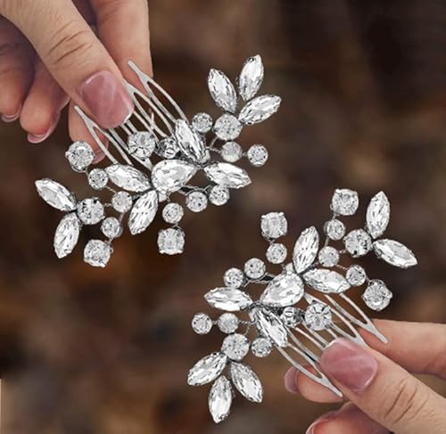 2 Stück Braut Hochzeit Haarkamm Kristall Haarschmuck Braut Haarteile，Blume Hochzeit Haarkämme Kristall Braut Kopfschmuck Perlen Haarschmuck für Frauen und Mädchen (Silber)