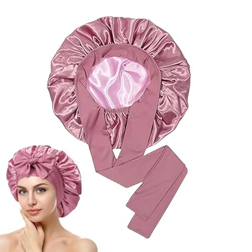 Satin Haarhaube,Silk Bonnet Sleep Cap Hair Nacht Mit Elastischem,Seidenhaube Zum Schlafen Locken Haare Atmungsaktive Elastisch Sleeping,Schlafhaube Bonet Double Seiden Haube Schlaf für Damen(Rosa)