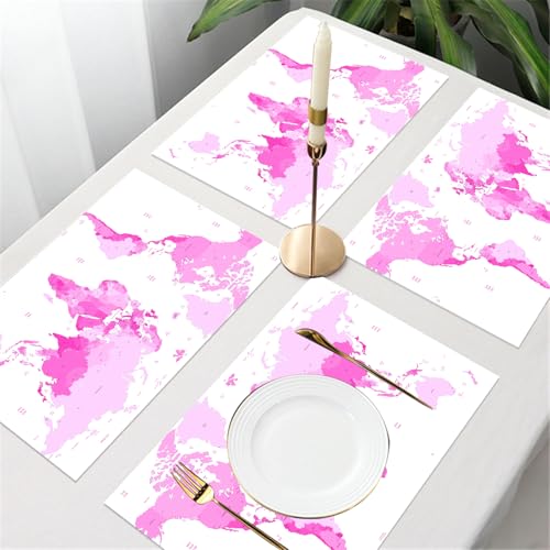 UREJD Tischsets Abwaschbar 4 Set,Vinyl Platzsets Abwaschbar für küche Speisetisch Hotel,Kaffeehaus,Festsaal,Platz-Matten,Blassrosa, süße Weltkarte Kontinente l Erde Pazifik Atlas Europa Ameri,30x45cm