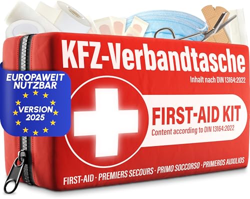 KFZ Verbandstasche nach aktueller Norm 2025 inkl. Beatmungstüchern - Auto Verbandskasten europaweit nutzbar - Erste Hilfe Set neue Norm DIN 13164:2022 (StVO konform)