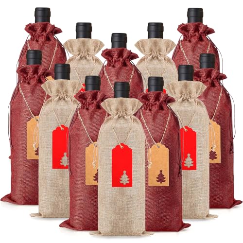 12 Stück Jute Weinbeutel, Wiederverwendbare Sackleinen Wein mit 30 Stück Geschenkanhänger, Weintasche mit Kordelzug, Weinbeute für Wein Champagner Hochzeit Weihnachten Party