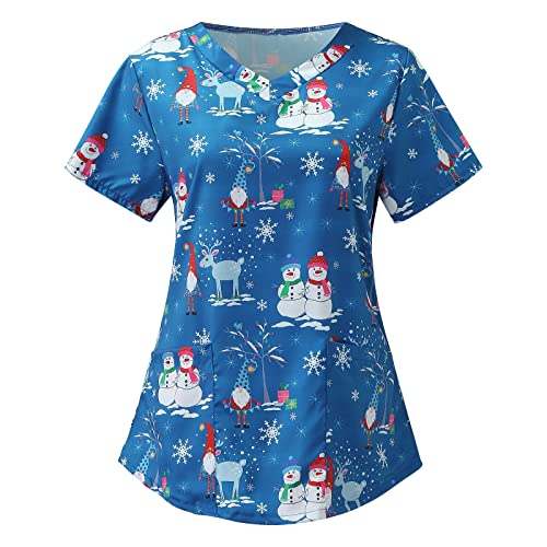 OUMSHBI Pflegekleidung Damen Kasack Weihnachts Kurzärm V-Neck Weihnachtsdruck Medizinische Kleidung Mit Zwei Taschen Lässig Locker Laborkittel Top Schlupfhemd Schlupfkasack Pflege Baumwolle Frauen