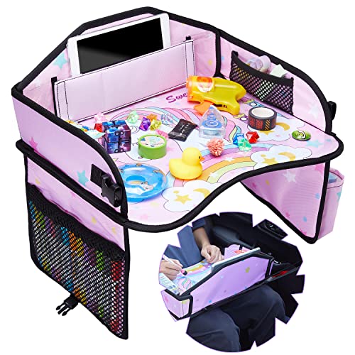 TuKIIE Kinder Reisetisch- Knietablett Kinder Auto, Auto Tisch Kinder Geeignet für Autositze, Reisen, Hochwertiges Auto Reise Zubehör, Kindersitz Spiel (Rosa Einhorn)