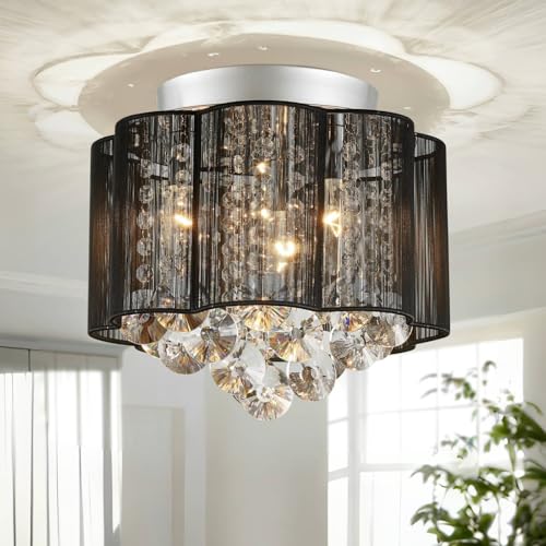 SHRINE LIGHTING Kristall-Kronleuchter, Modernes Design, Perfekte Trommel-Pendelleuchte für Wohnräume, Benötigt 3 x E14 Glühbirnen, D30 x H16cm, Schwarzer Stofflampenschirm