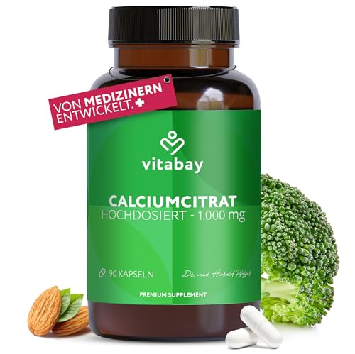 Vitabay Calcium Hochdosiert 1000mg - 90 Vegane Kapseln Calciumcitrat - Kalzium Hochdosiert 1000mg - Reine Calciumcitrat Kapseln - Calcium Tabletten für Energiestoffwechsel, Knochen und Zähne