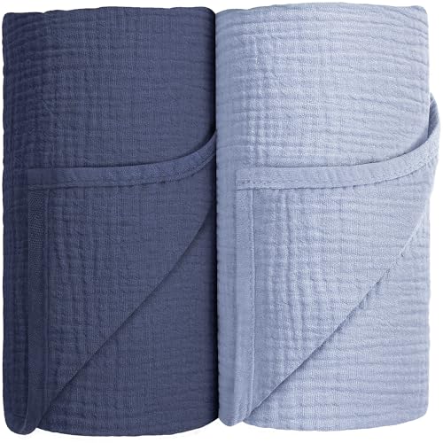 Susurration Baby Pucktuch Musselin Decke 100% Baumwolle Dünne Atmungsaktive Babydecke Baby Swaddle Decke Tücher für Junge und Mädchen 2 Stück 100x100cm (blau)