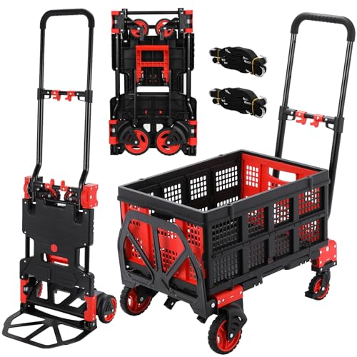 2-in-1 Sackkarre und Plattformwagen mit Klappbox, Transportwagen max. 150 KG, Transportkarre max. 75 KG, 2 Spanngummis mit Haken, 3-stufig Höhenverstellbar, für Transport, Einkaufen, Camping, Umzug