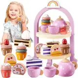 HERSITY Spielküche Zubehör Teeservice Kinder Holz, Tee Set Mädchen mit Dessert Lebensmittel Kinderküche Teekanne Spiel, Teeparty Spielzeug Geschenk für Kleinkinder 3 4 5 Jahren