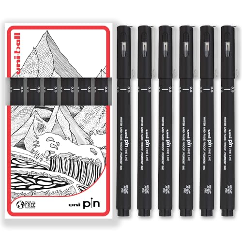 Uni Pin Fineliner Zeichenstift, schwarze Tinte, 6 Stück, feine 0,5 mm Spitze, in Geschenkbox