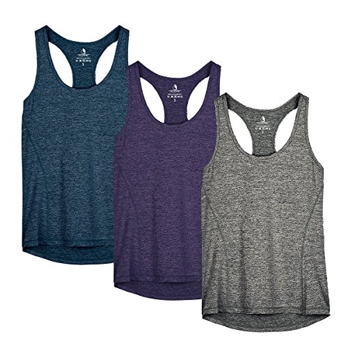 icyzone Damen Sporttop Yoga Tank Top Ringerrücken Oberteil Laufen Fitness Funktions Shirt, 3er Pack (XL, Royal Blue/Purple/Charcoal)